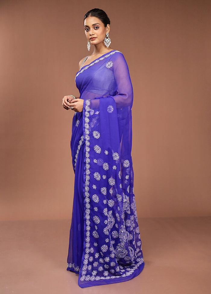 Blue Chikankari Saree With Blouse Piece