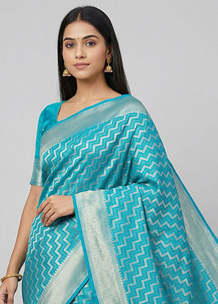 Blue Kora Silk Saree With Blouse Piece