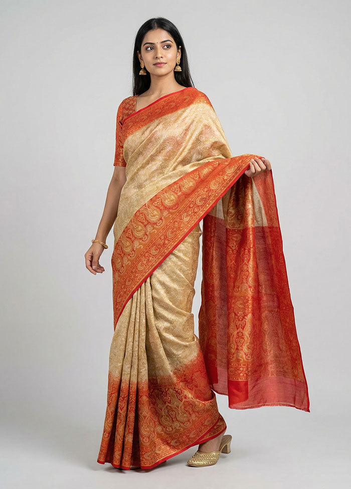 Cream Handloom Jamewar Pure Silk Saree With Blouse Piece