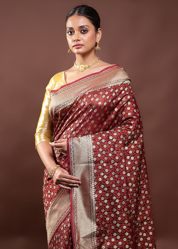 Wine Kora Silk Saree With Blouse Piece
