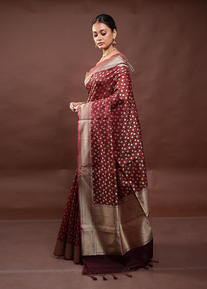 Wine Kora Silk Saree With Blouse Piece