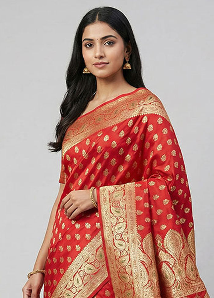 Red Banarasi Silk Saree With Blouse Piece