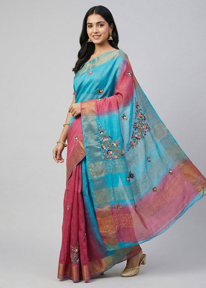 Blue Handloom Tussar Pure Silk Saree With Blouse Piece
