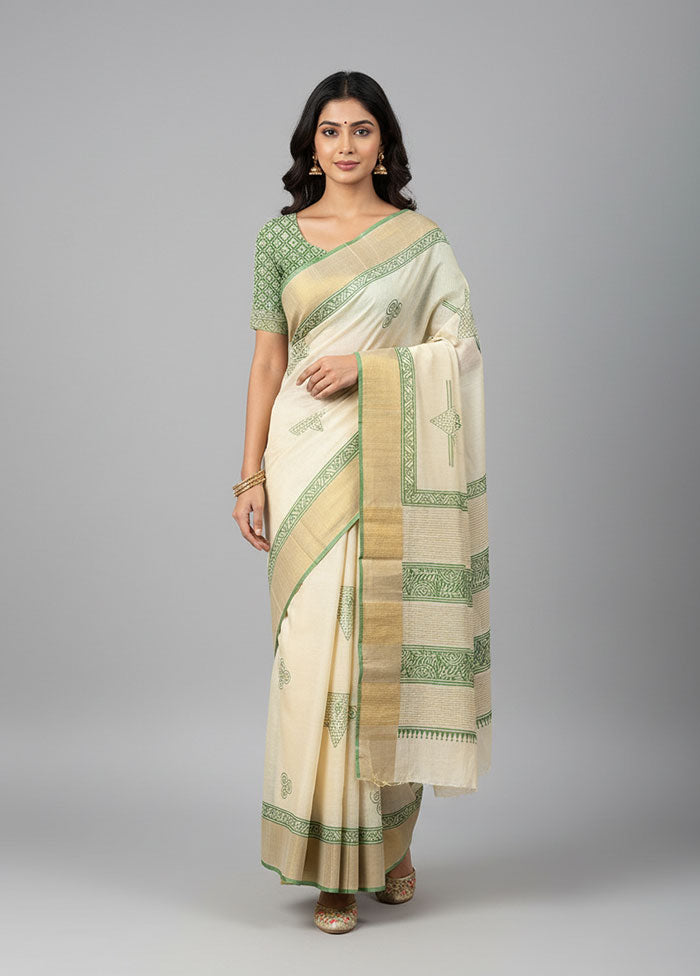 Cream Tussar Silk Saree With Blouse Piece