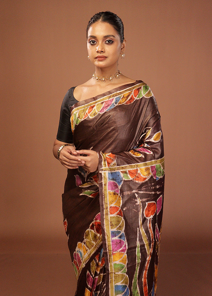 Brown Handloom Tussar Pure Silk Saree With Blouse Piece