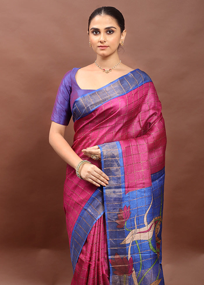Pink Handloom Tussar Pure Silk Saree With Blouse Piece