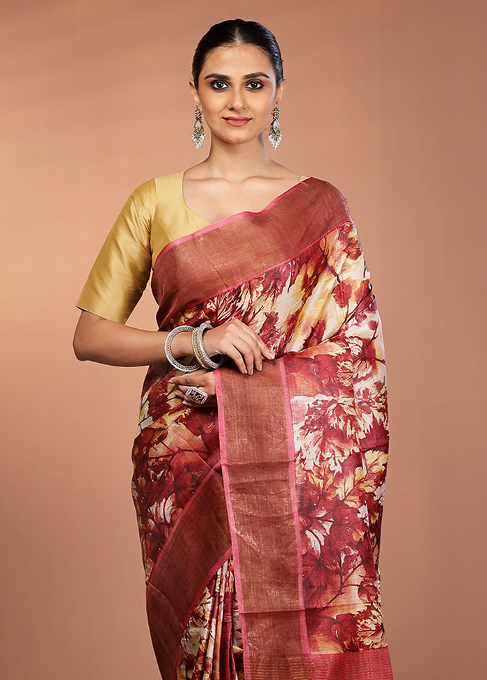 Cream Tussar Silk Saree With Blouse Piece