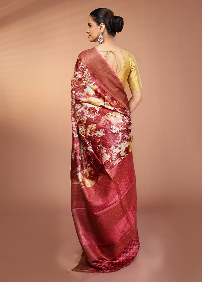 Cream Tussar Silk Saree With Blouse Piece