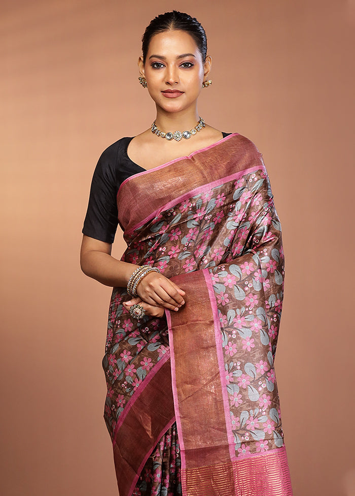 Grey Tussar Silk Saree With Blouse Piece