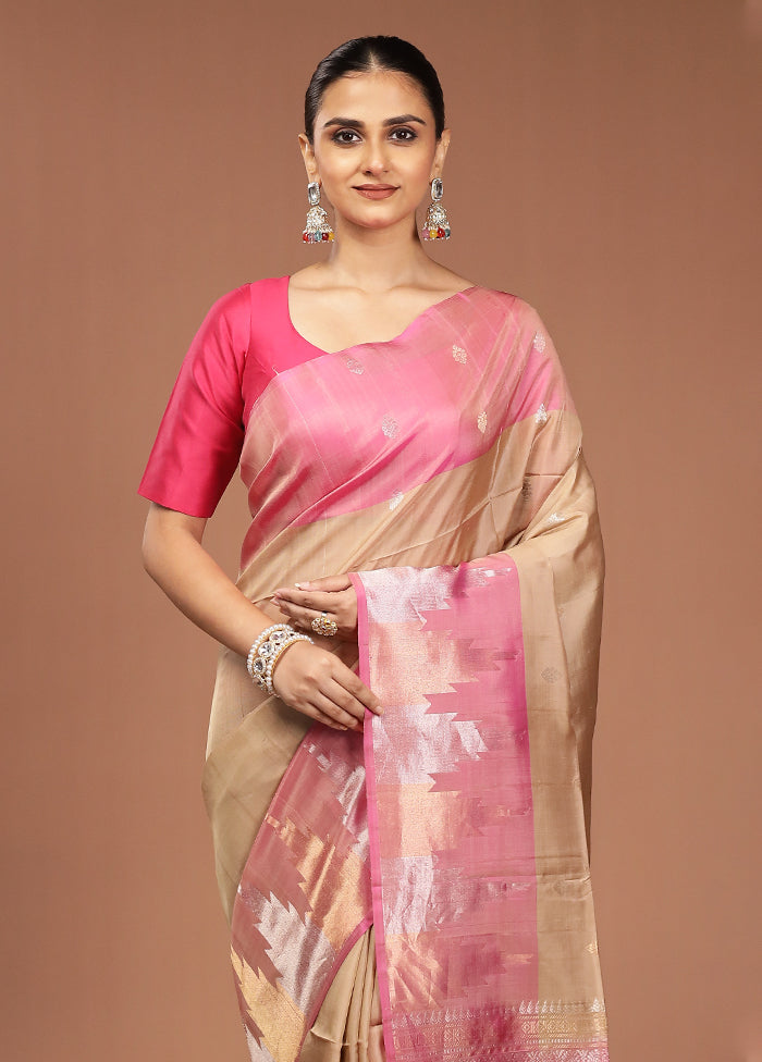 Cream Handloom Kanjivaram Pure Silk Saree With Blouse Piece