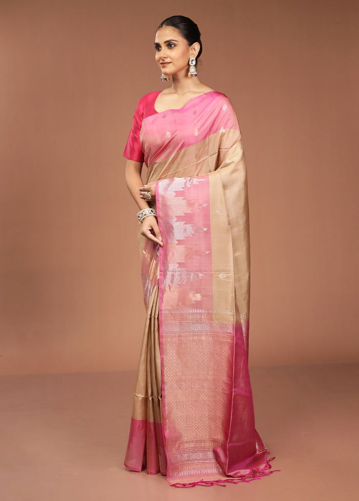 Cream Handloom Kanjivaram Pure Silk Saree With Blouse Piece