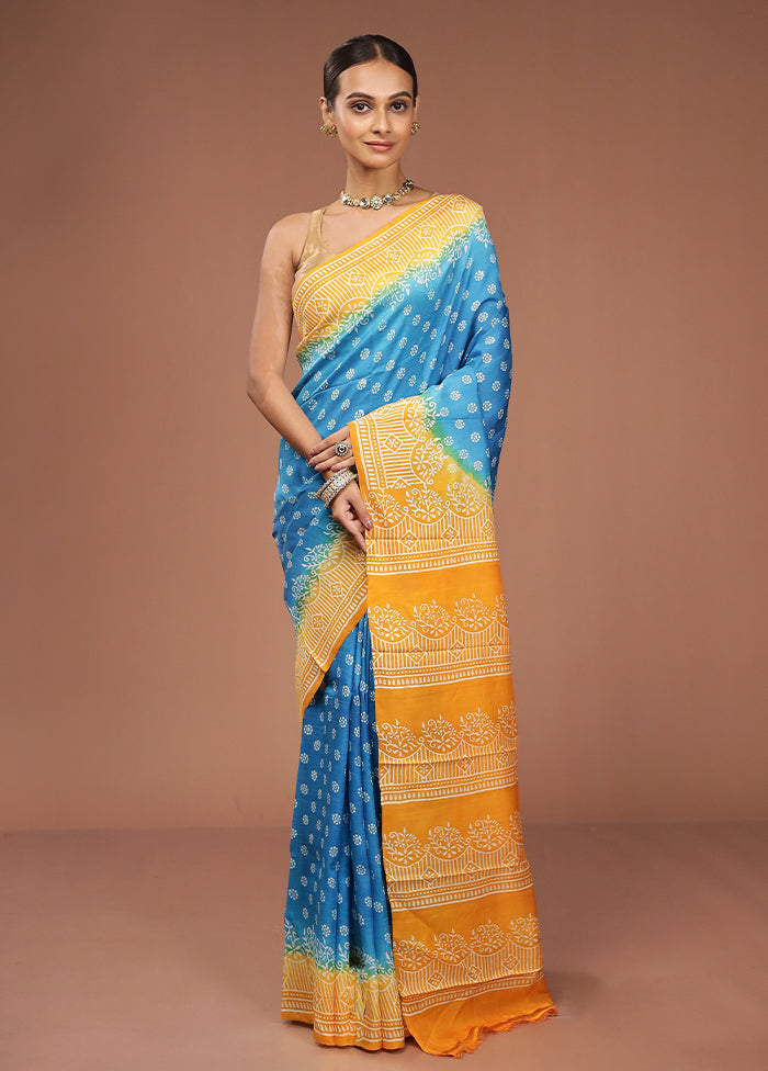 Blue Printed Silk Saree Without Blouse Piece