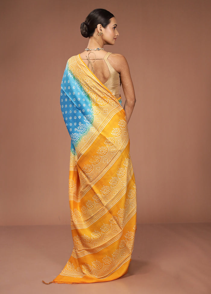 Blue Printed Silk Saree Without Blouse Piece