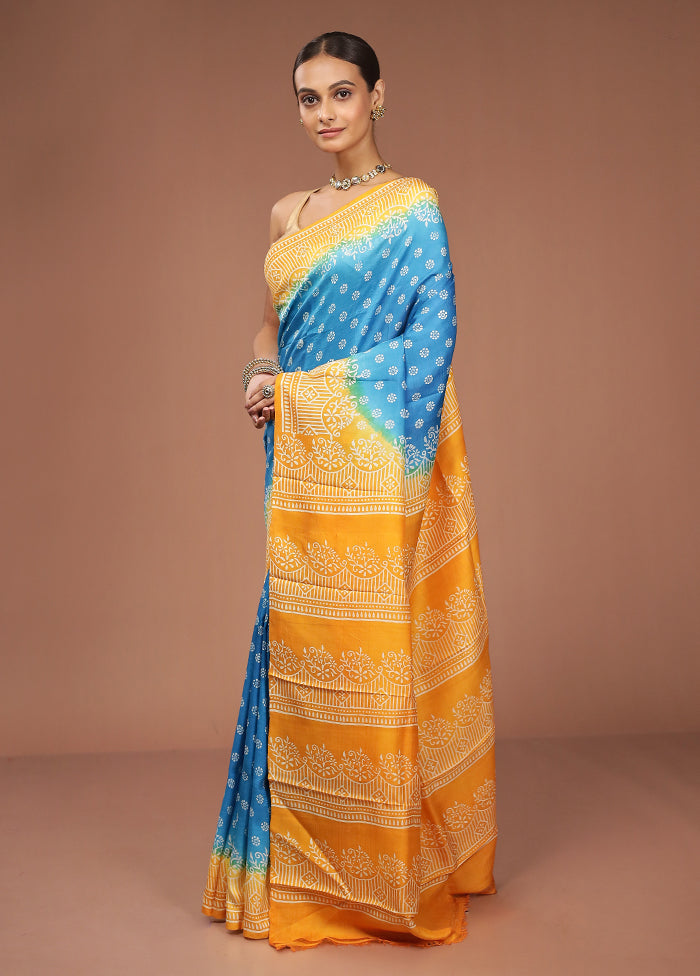Blue Printed Silk Saree Without Blouse Piece