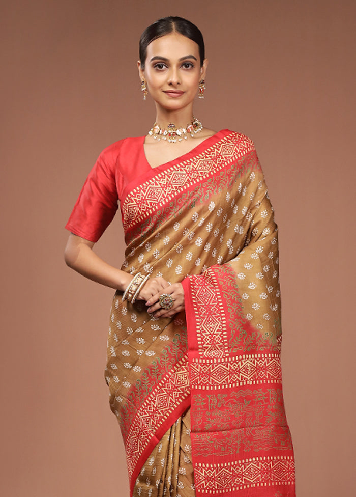 Brown Printed Silk Saree Without Blouse Piece