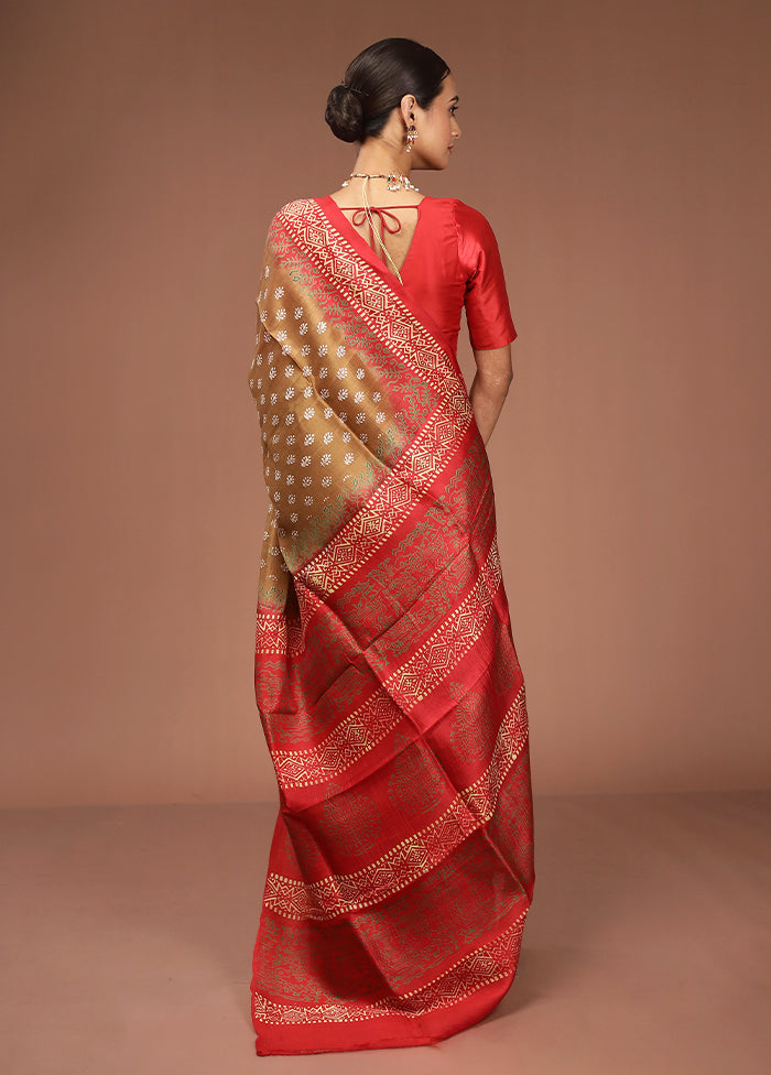 Brown Printed Silk Saree Without Blouse Piece