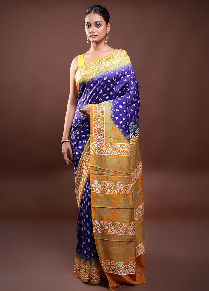 Blue Printed Silk Saree Without Blouse Piece