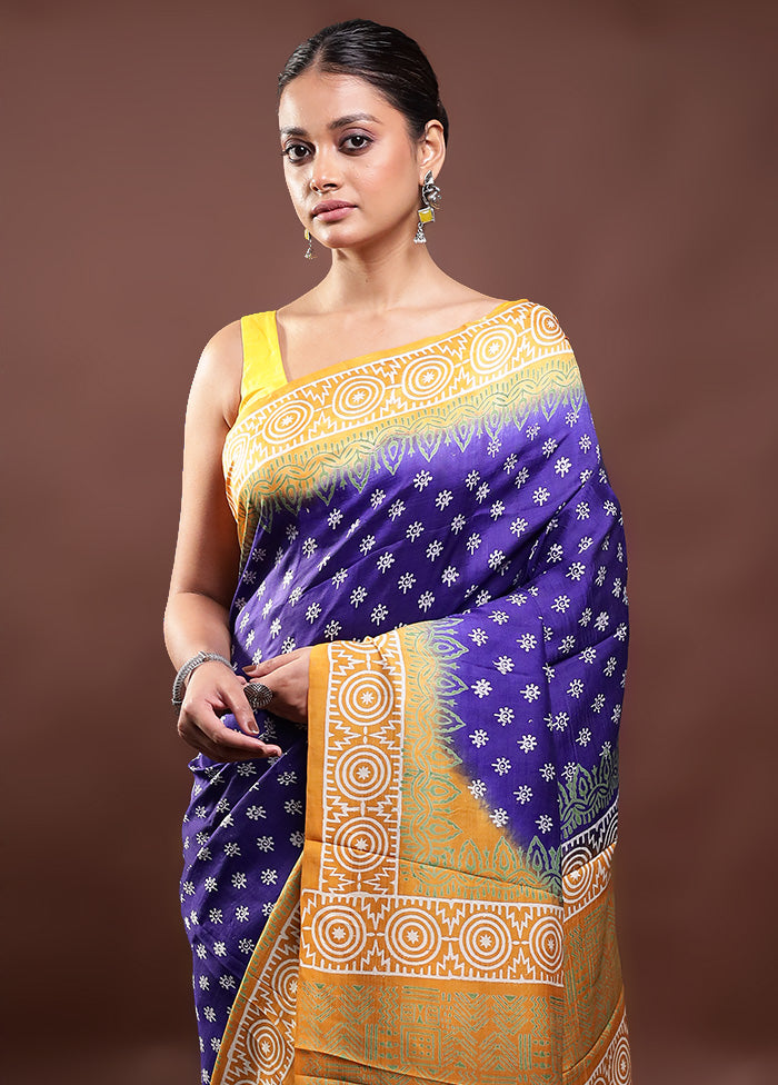 Blue Printed Silk Saree Without Blouse Piece