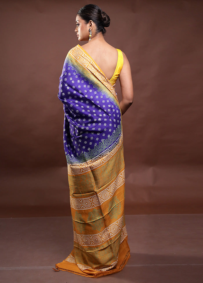 Blue Printed Silk Saree Without Blouse Piece