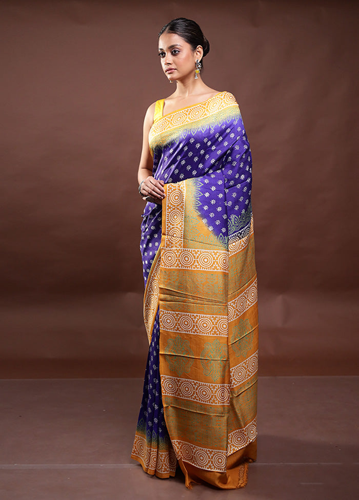 Blue Printed Silk Saree Without Blouse Piece