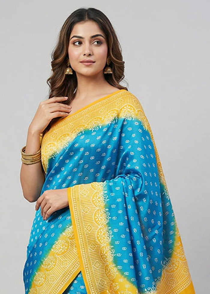 Blue Printed Silk Saree Without Blouse Piece