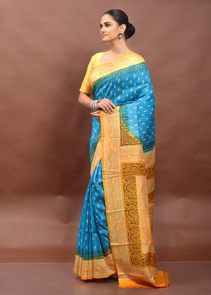 Blue Printed Silk Saree Without Blouse Piece