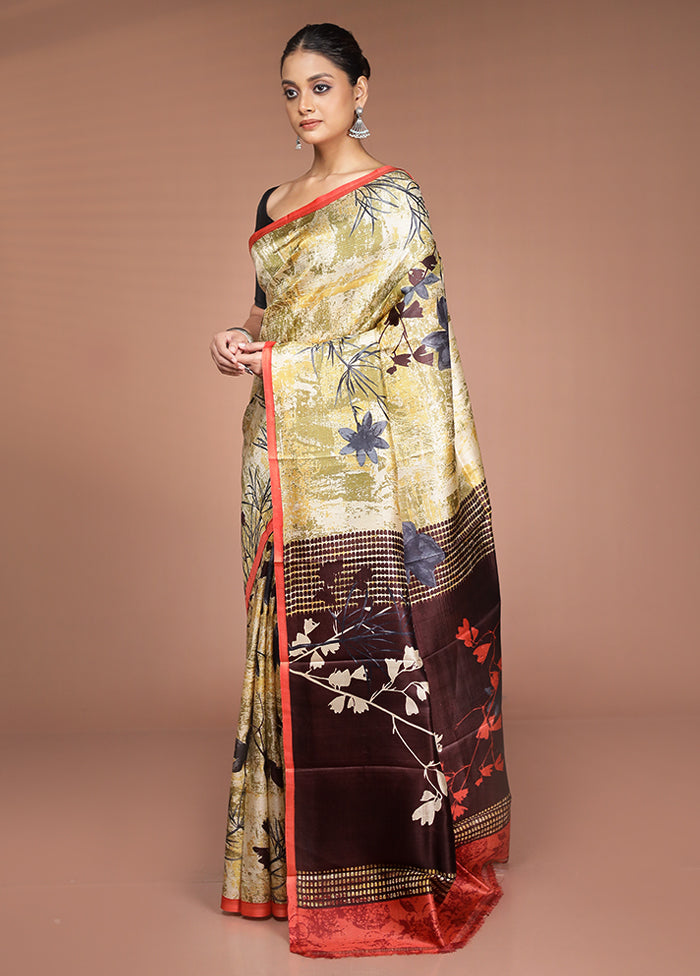 Cream Printed Pure Silk Saree Without Blouse Piece