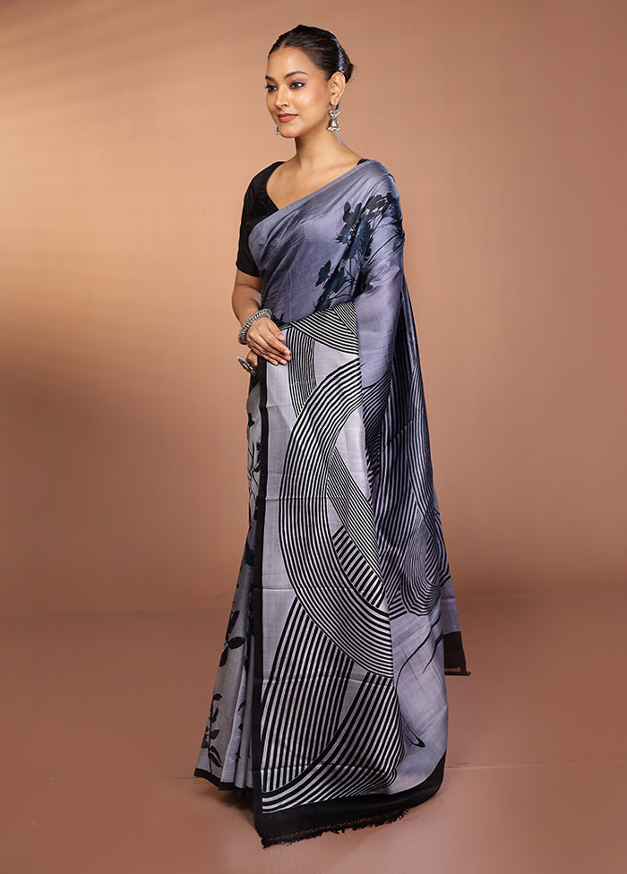Grey Printed Pure Silk Saree Without Blouse Piece