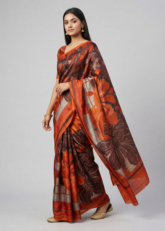 Maroon Printed Pure Silk Saree Without Blouse Piece