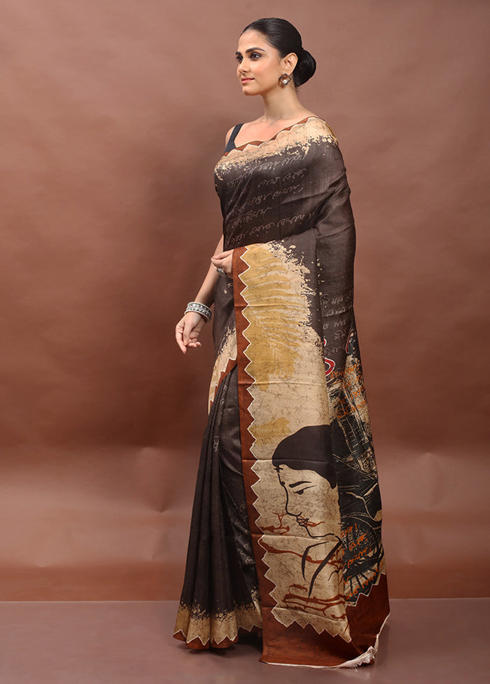 Brown Printed Pure Silk Saree Without Blouse Piece