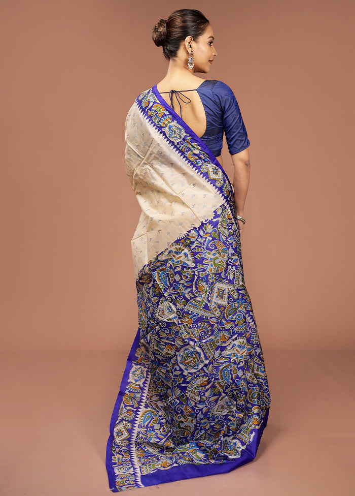 Cream Printed Pure Silk Saree Without Blouse Piece