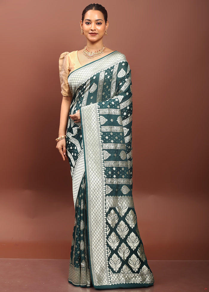 Green Handloom Pure Georgette Saree With Blouse Piece