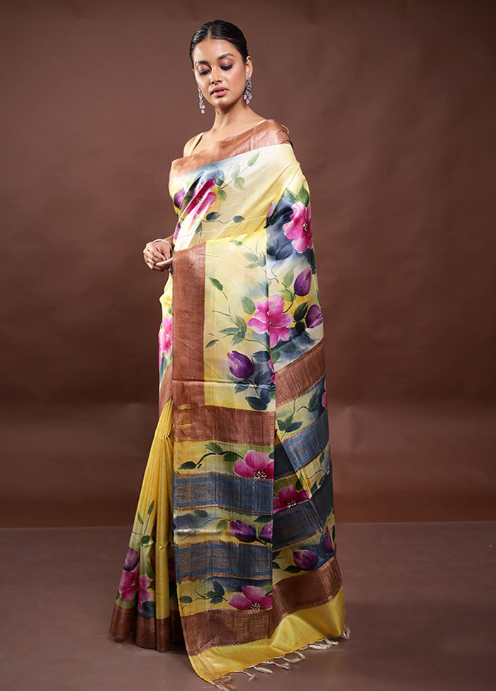Yellow Handloom Tussar Pure Silk Saree With Blouse Piece
