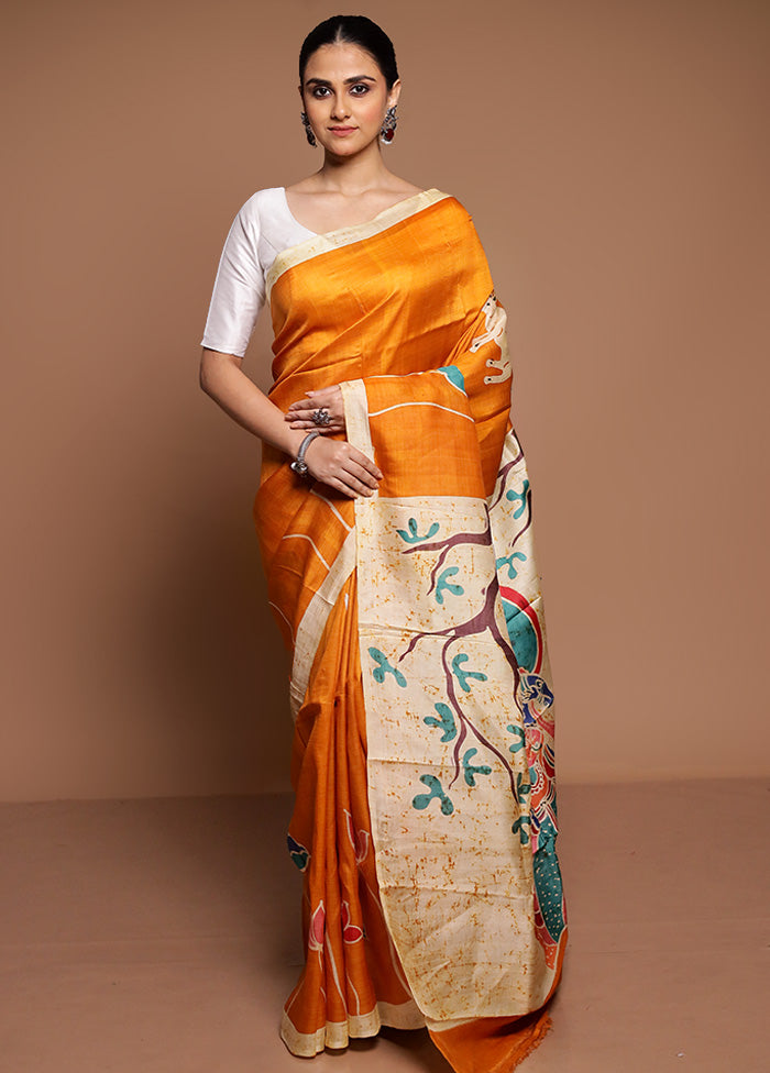 Yellow Printed Silk Saree Without Blouse Piece
