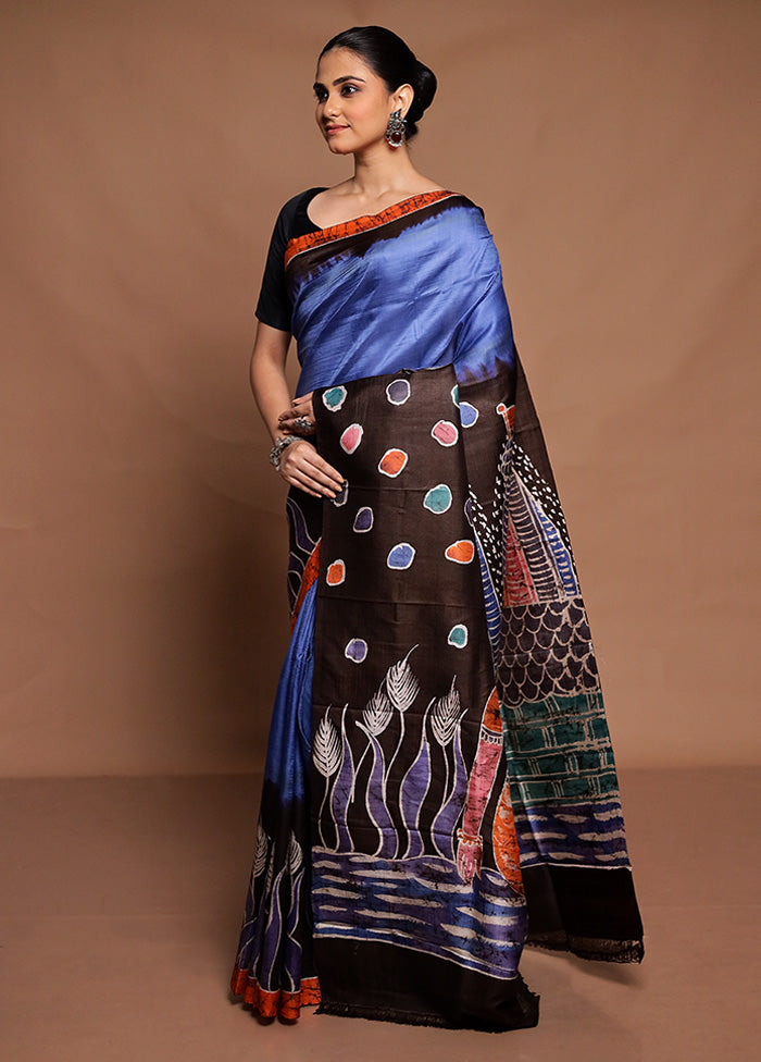 Blue Printed Silk Saree Without Blouse Piece