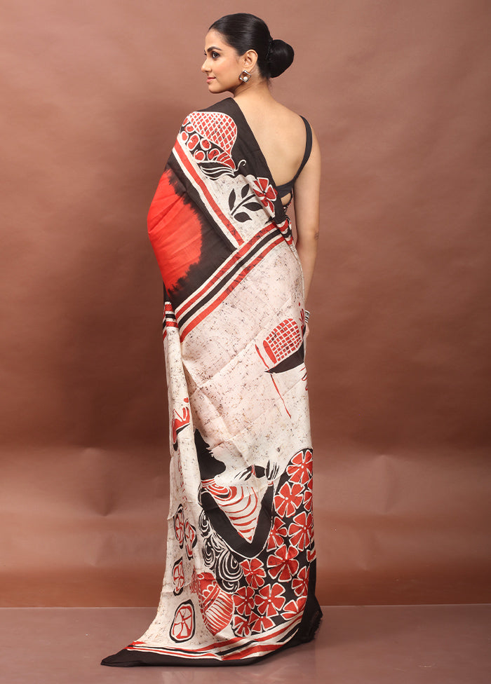 Red Printed Silk Saree Without Blouse Piece