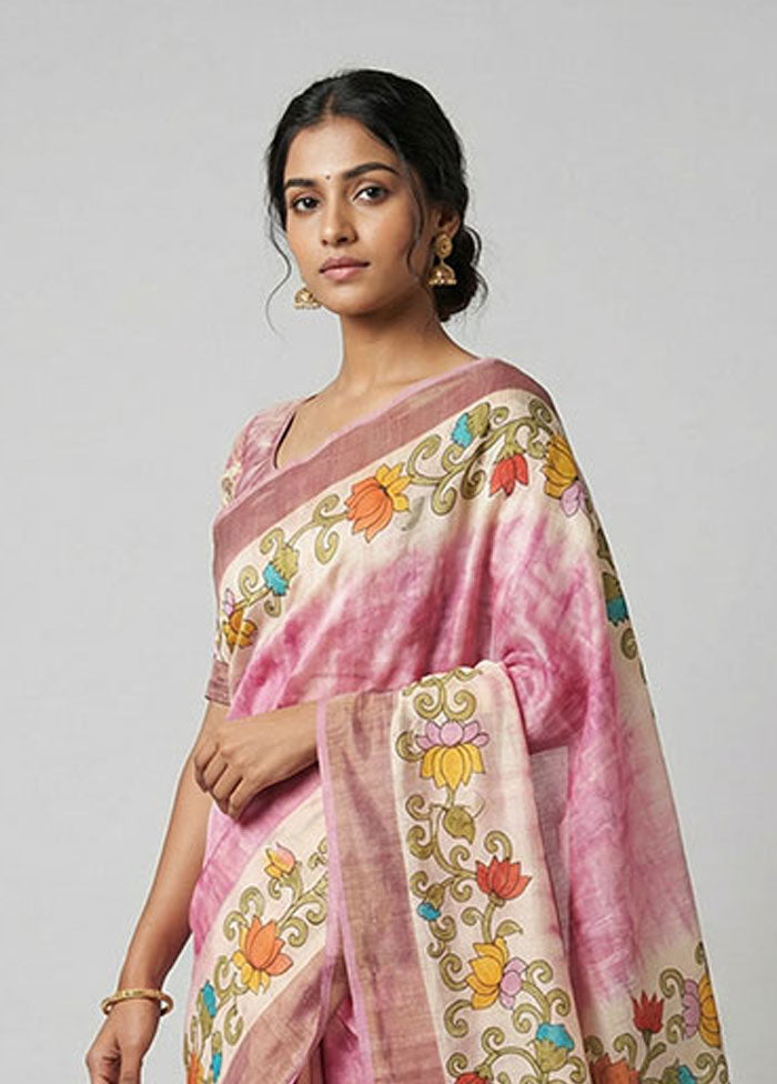 Cream Handloom Tussar Pure Silk Saree With Blouse Piece