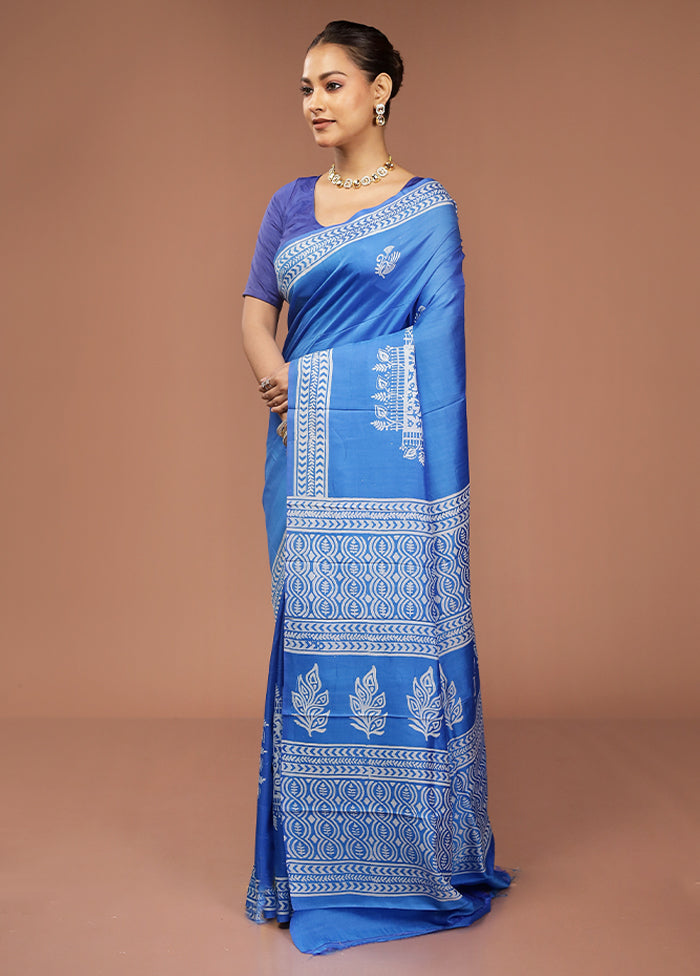 Blue Printed Pure Silk Saree Without Blouse Piece