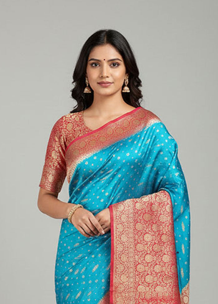 Blue Katan Silk Saree With Blouse Piece
