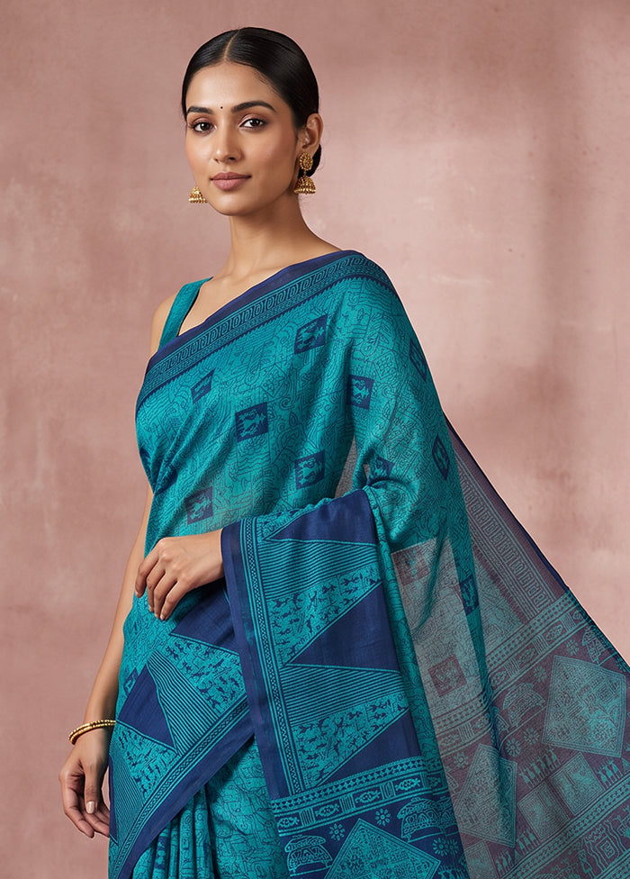 Blue Printed Pure Silk Saree Without Blouse Piece