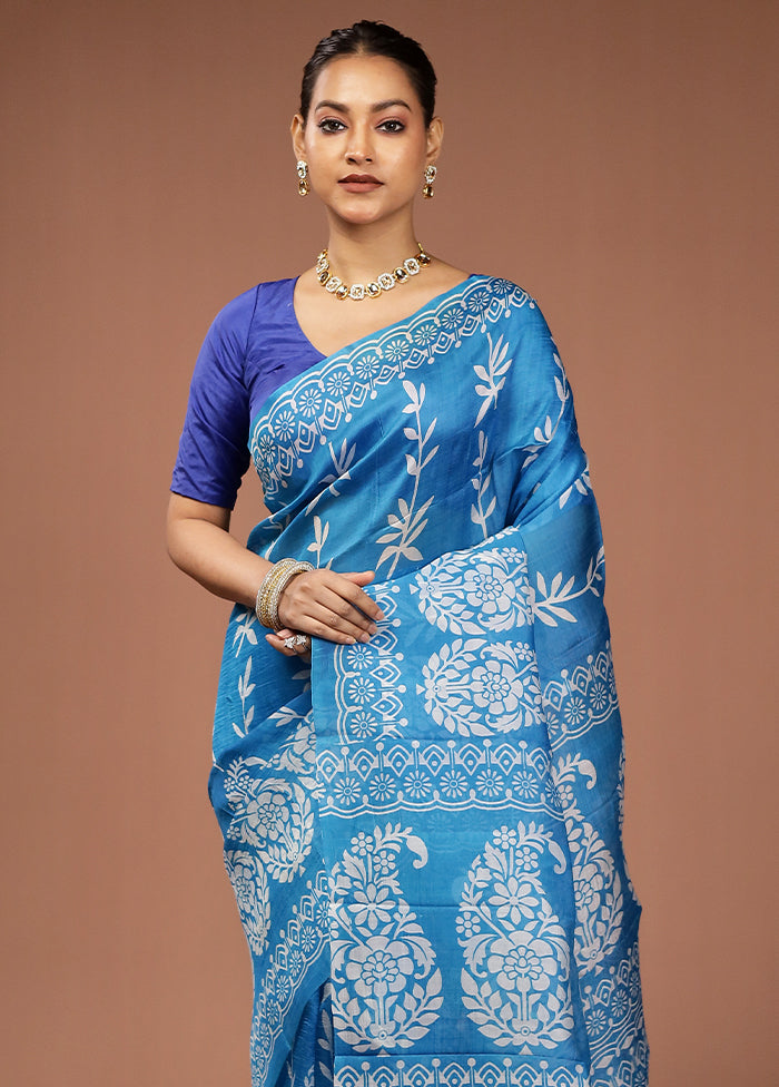 Blue Printed Pure Silk Saree Without Blouse Piece