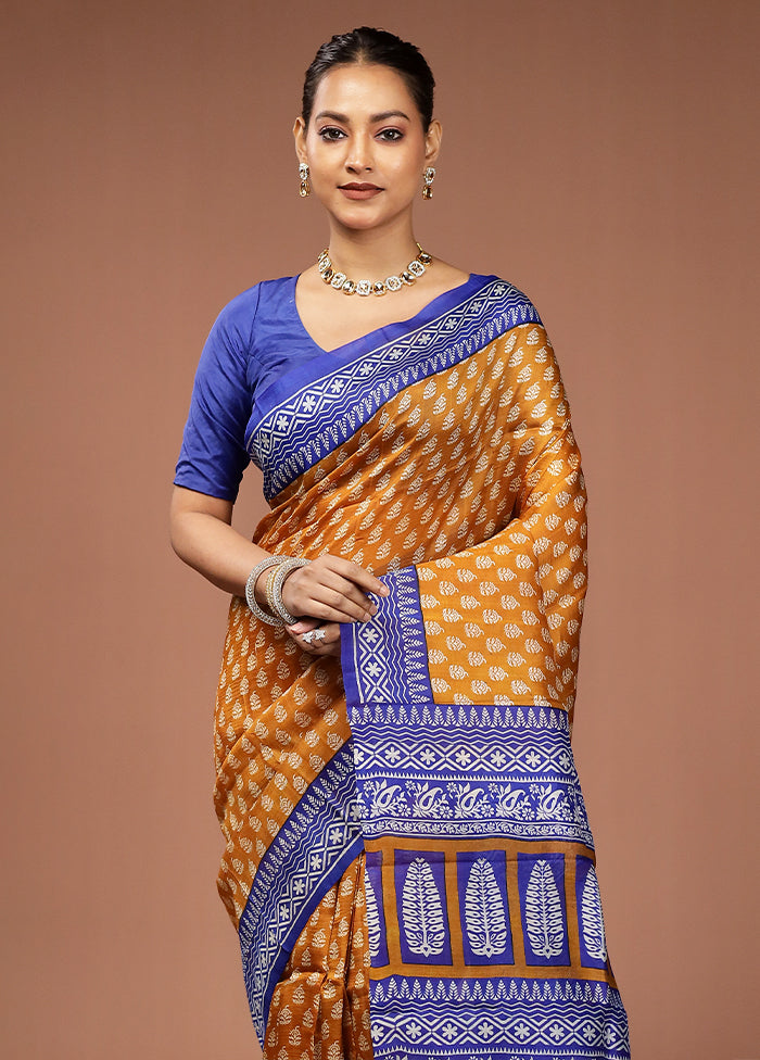 Yellow Printed Silk Saree Without Blouse Piece