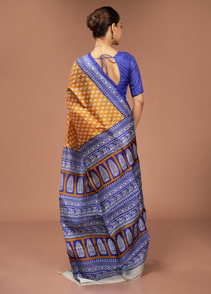 Yellow Printed Silk Saree Without Blouse Piece