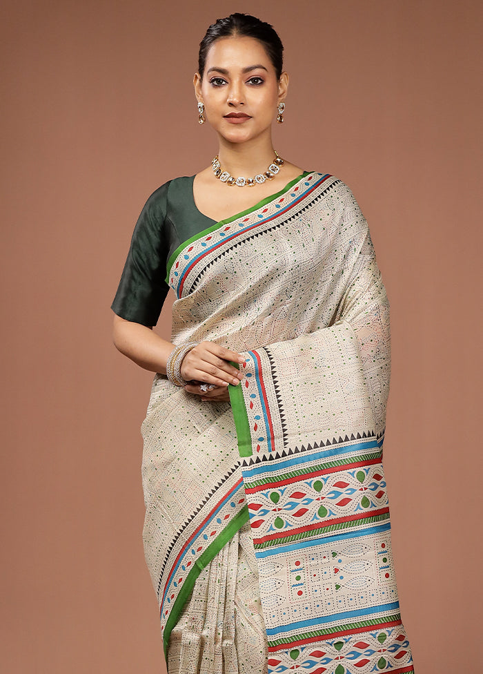 Cream Printed Silk Saree Without Blouse Piece