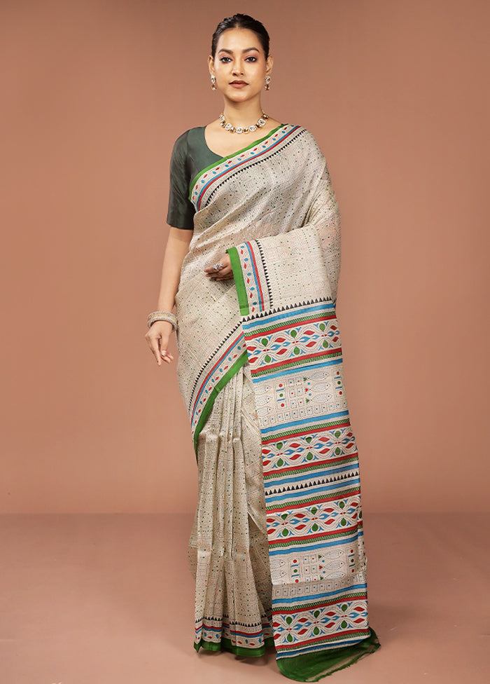 Cream Printed Silk Saree Without Blouse Piece