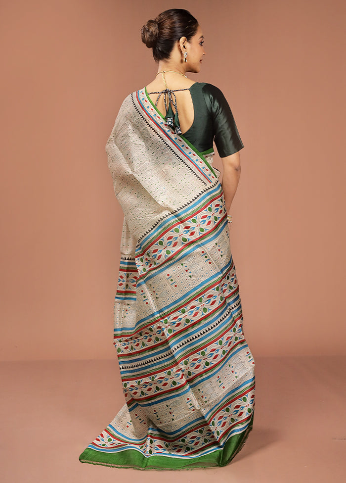 Cream Printed Silk Saree Without Blouse Piece