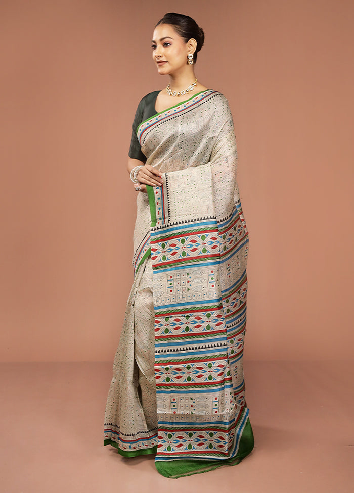 Cream Printed Silk Saree Without Blouse Piece