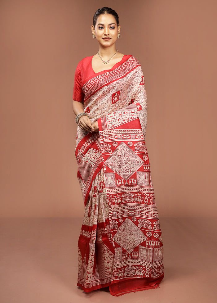 Red Printed Pure Silk Saree Without Blouse Piece