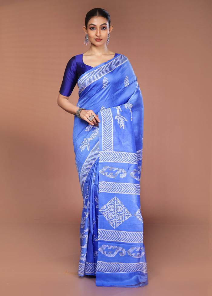 Blue Printed Pure Silk Saree Without Blouse Piece