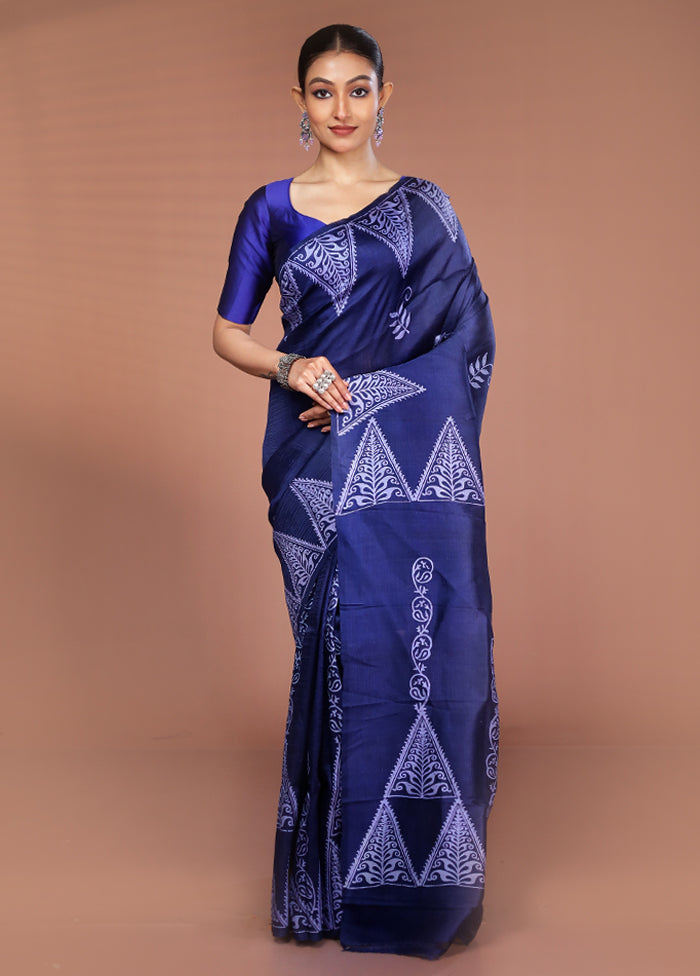 Blue Printed Pure Silk Saree Without Blouse Piece